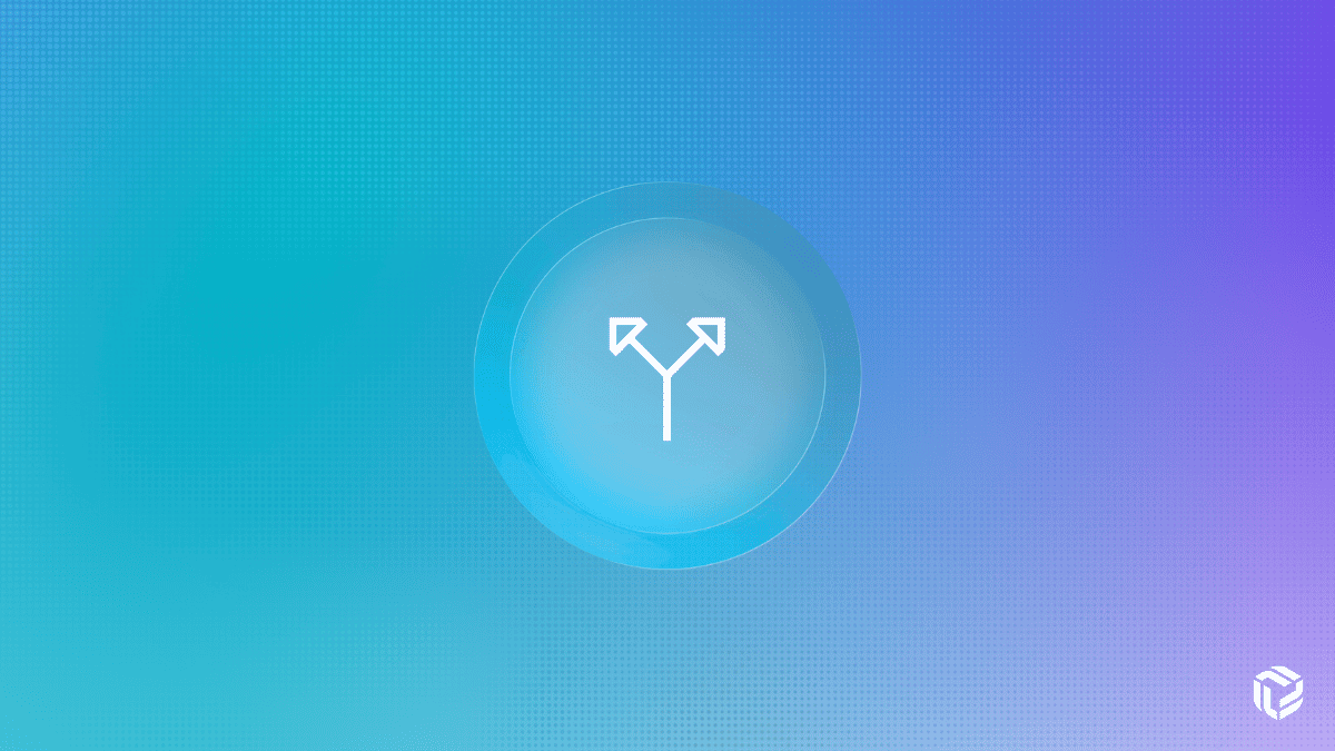 Diverging arrows icon within a circular badge on a teal-to-purple gradient background, symbolizing branching compliance