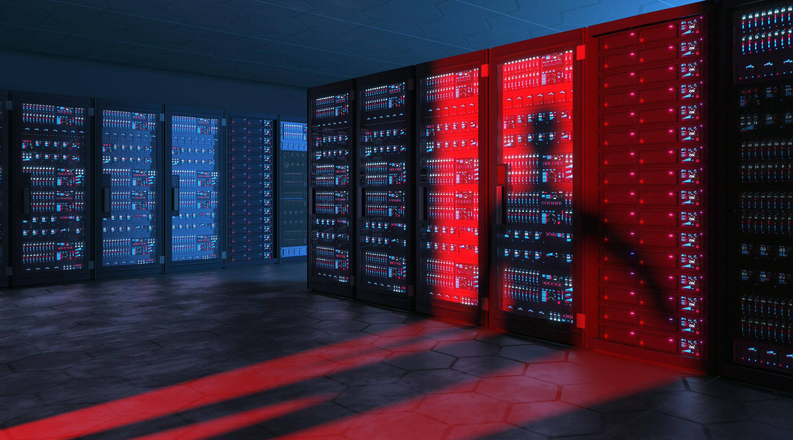 Shadowy figure of an intruder cast across glowing red server racks in a data center breach scenario.