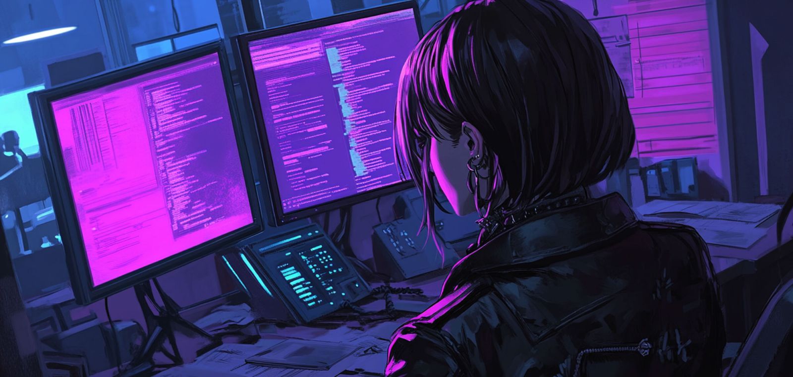 Anime-style illustration of a person with bobbed hair viewing code on dual monitors in a dark purple-lit room.