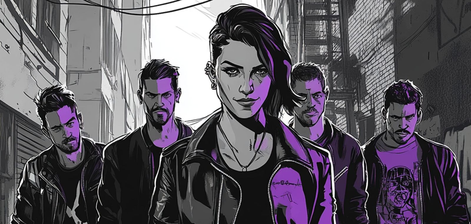 Comic-style illustration of a woman leading four men through a gritty urban alley, rendered in black, white, and purple