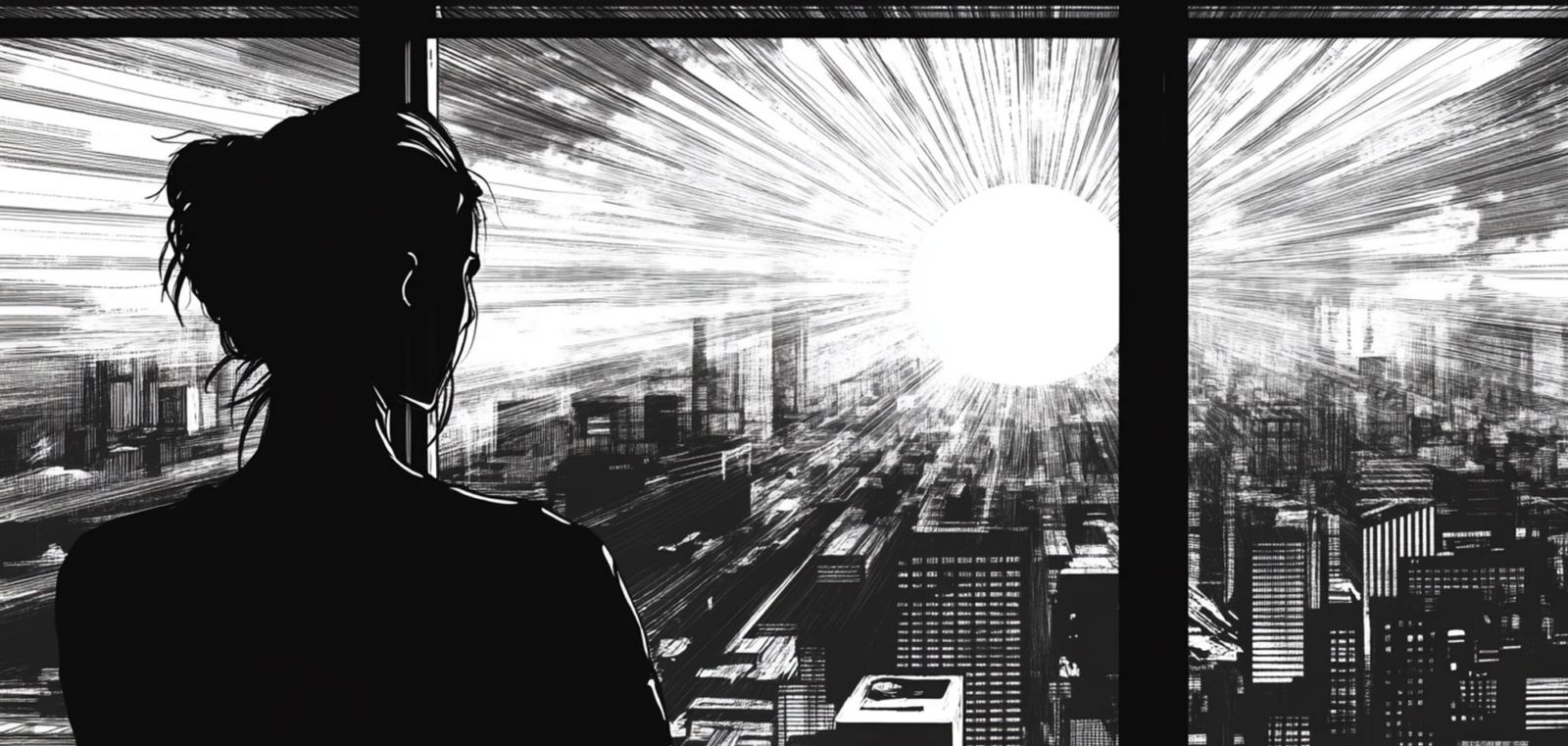 Silhouetted figure gazes out a window at a sunlit cityscape in dramatic black-and-white manga style illustration.
