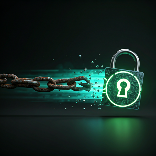 Rusted chain shattering into glowing green particles beside a digital padlock with circuit patterns, symbolizing