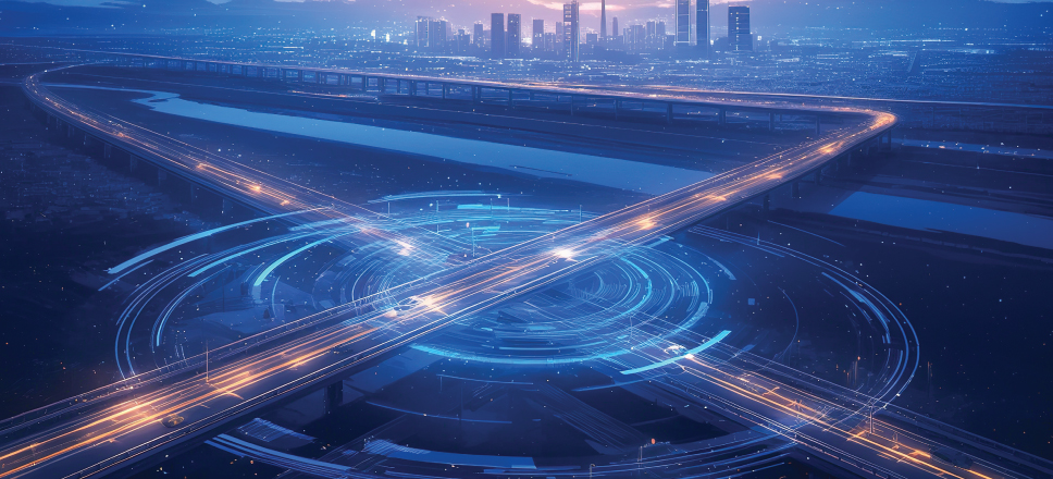 Futuristic highway interchange glowing with blue light trails against a city skyline at twilight.