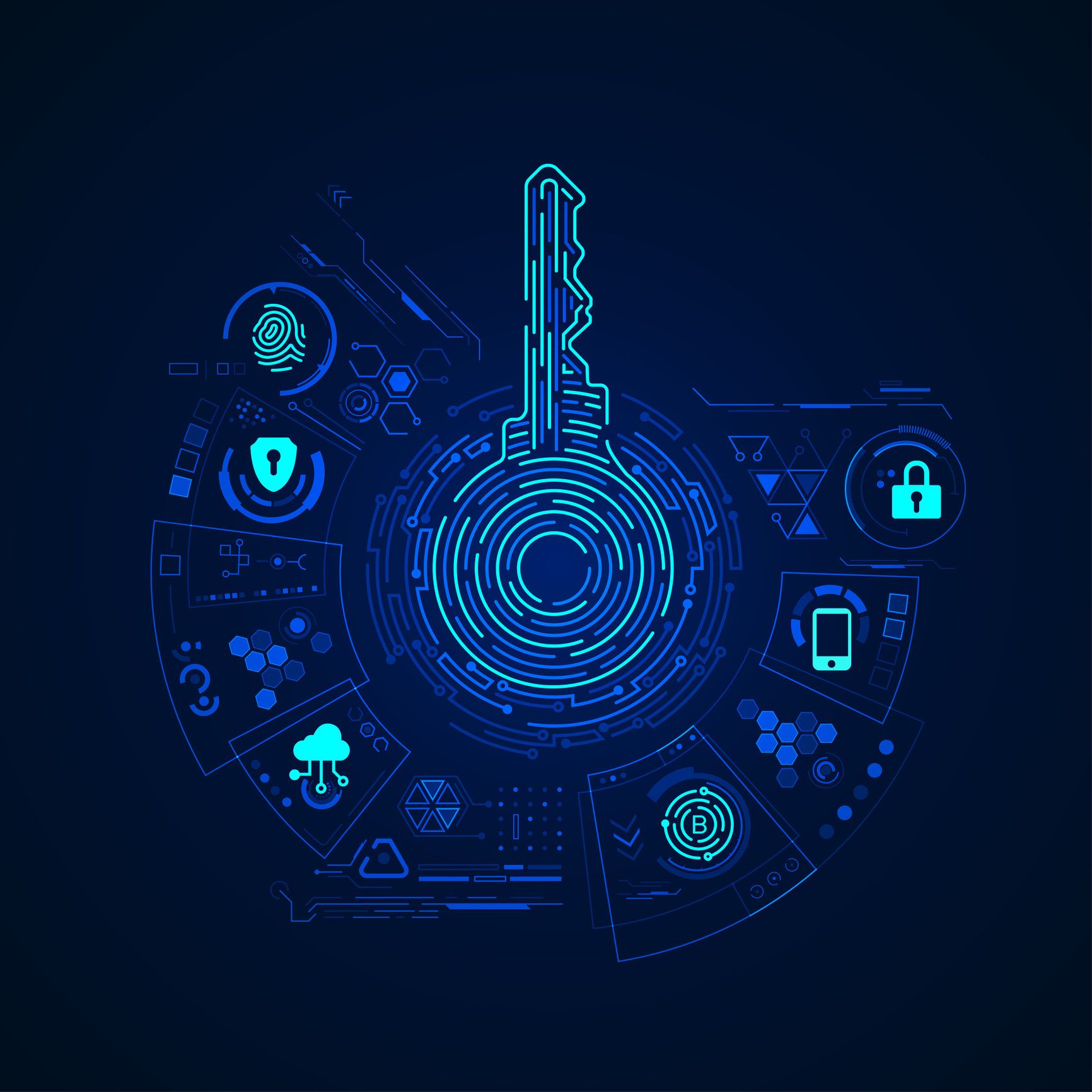 Digital cybersecurity concept featuring a glowing blue key surrounded by fingerprint, padlock, cloud, and smartphone icons.