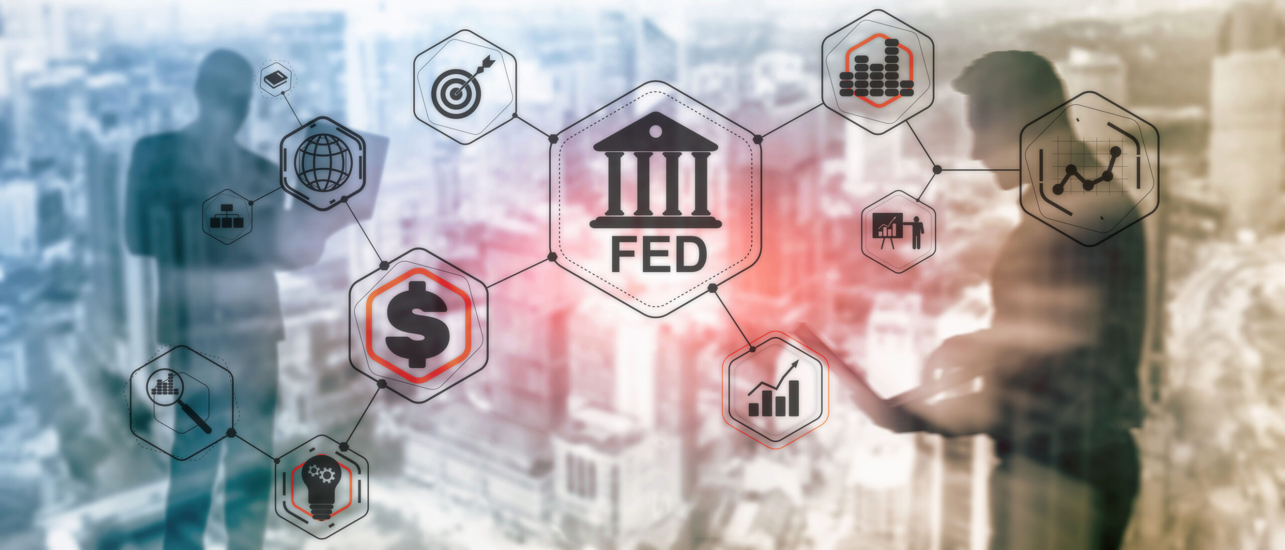 FED banking icon connected to financial symbols in a hexagonal network over a blurred cityscape with business figures.