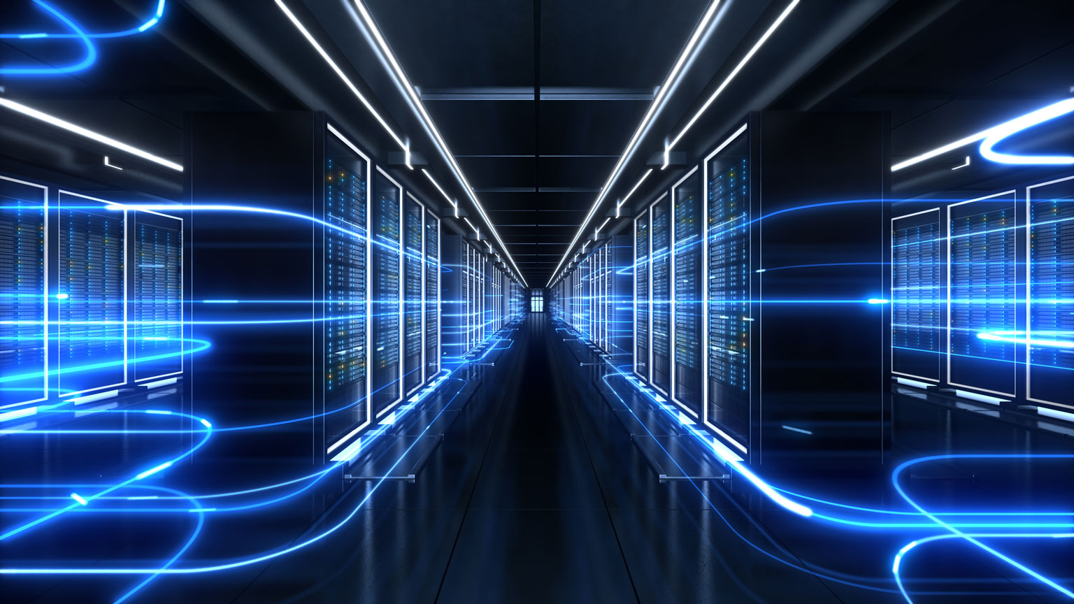 Futuristic data center corridor with rows of server racks illuminated by streaks of glowing blue light trails.