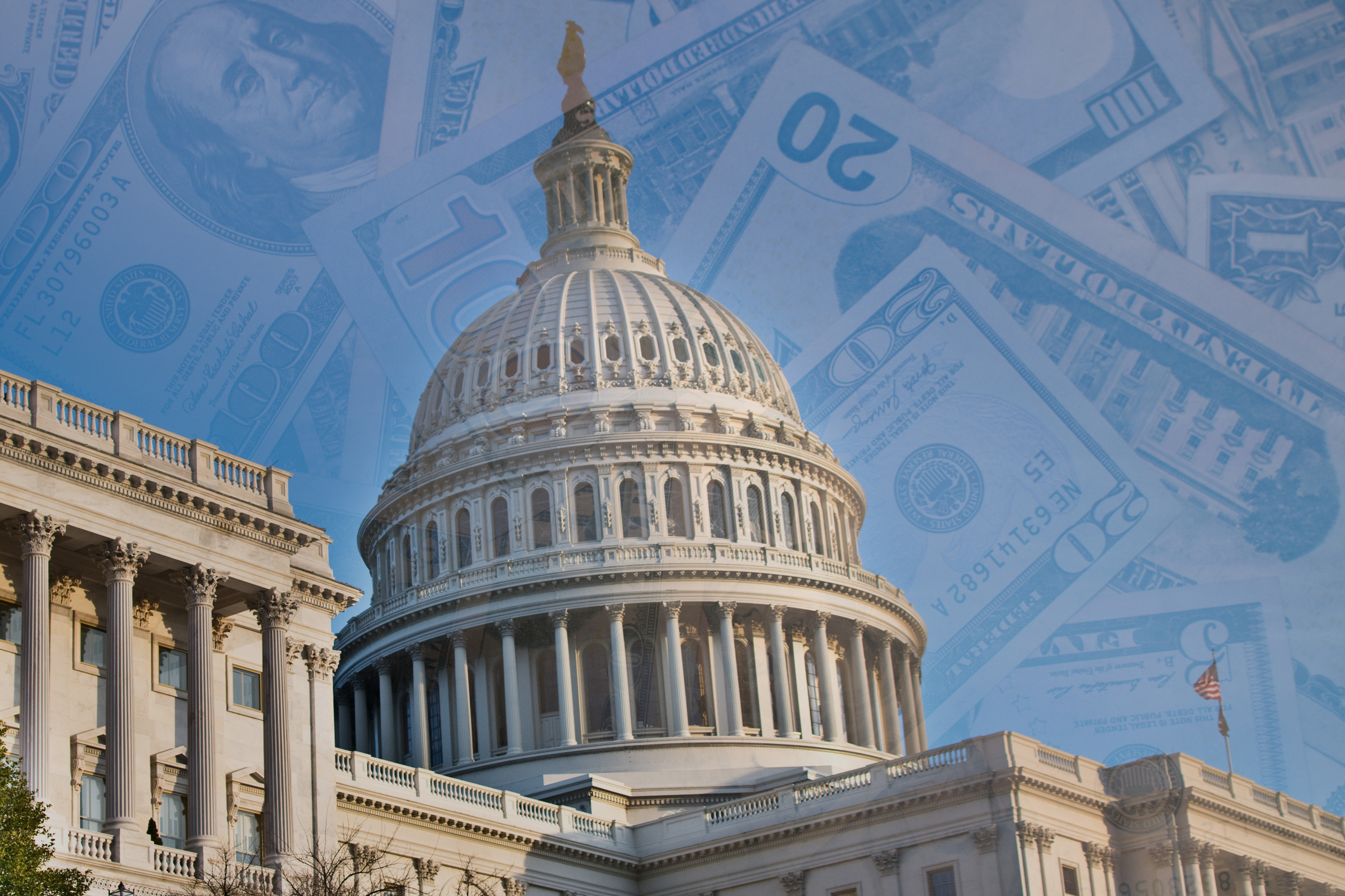 US Capitol dome overlaid with a translucent collage of US dollar bills, symbolizing money's influence in politics.