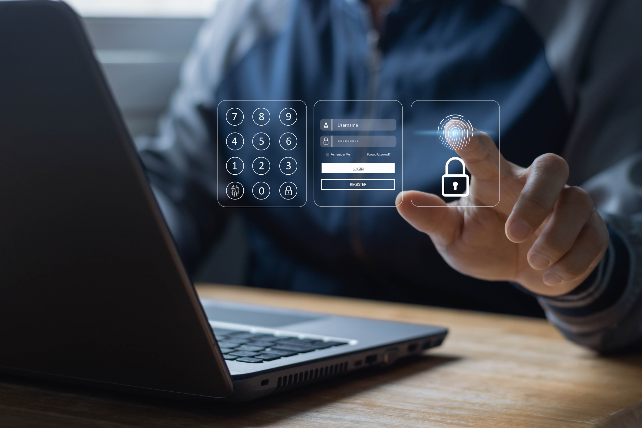 Person at a laptop touching a virtual fingerprint scanner beside login and keypad interfaces, illustrating cybersecurity