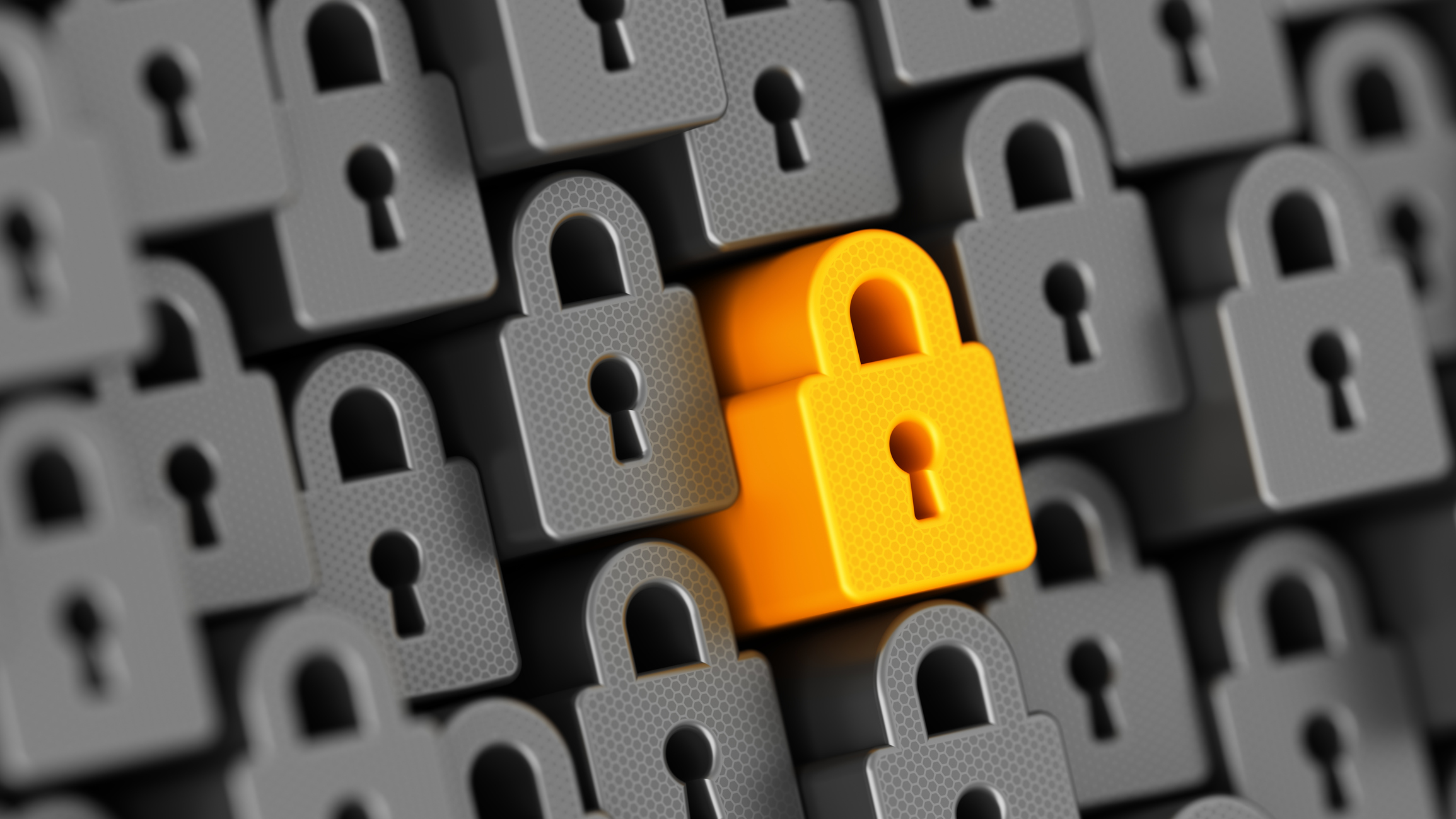 A single orange padlock stands out among rows of identical gray padlocks, symbolizing unique digital security.