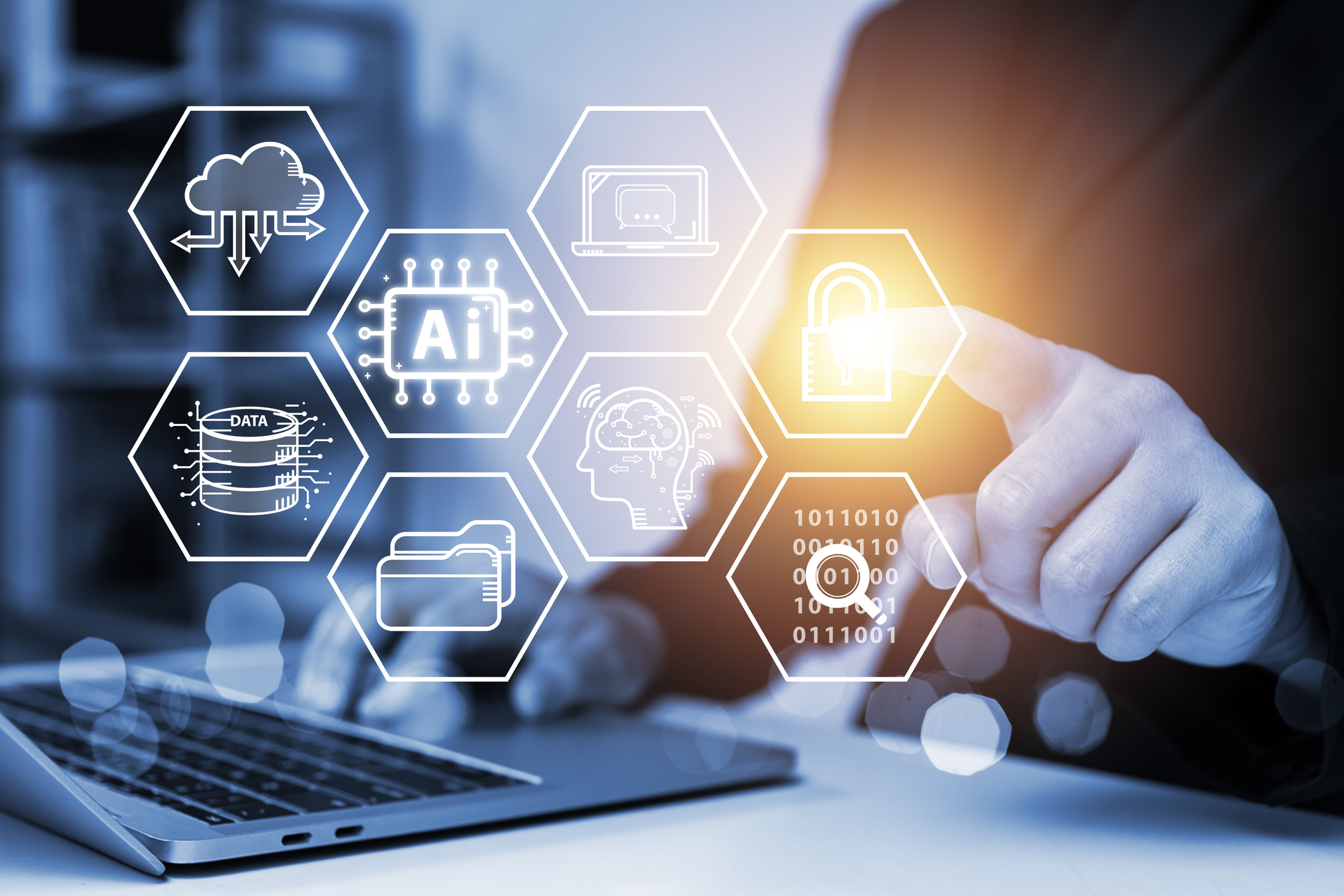 Person using a laptop with hexagonal AI, data, cloud, and cybersecurity icons overlaid, touching a glowing padlock symbol.