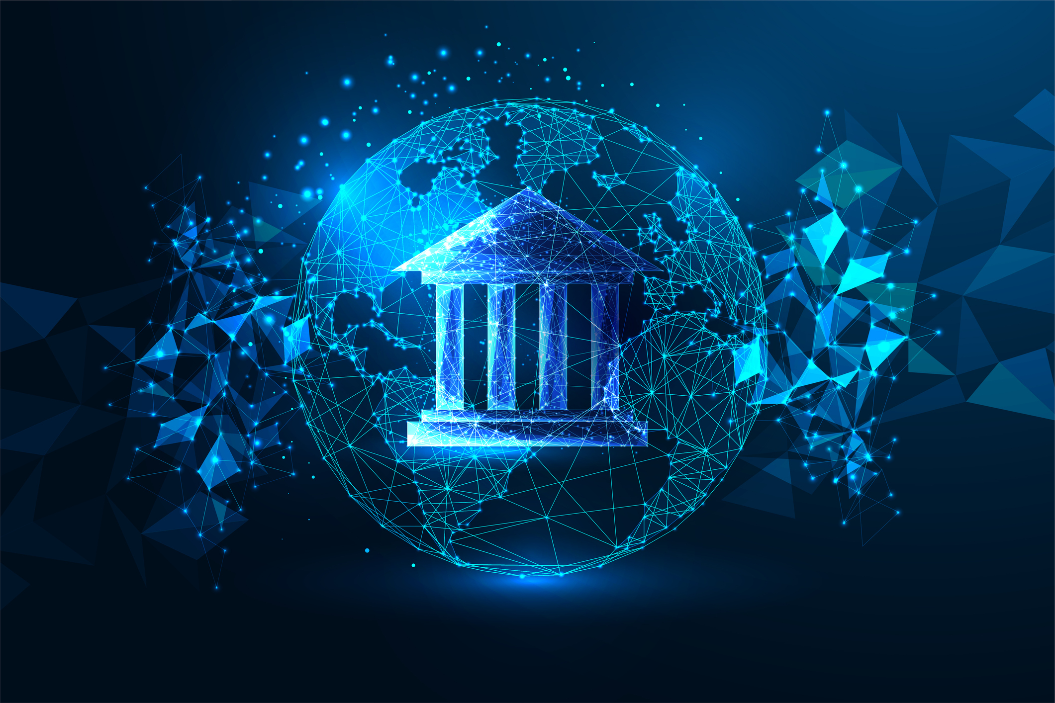 Glowing blue digital illustration of a bank building inside a wireframe globe, symbolizing global finance and banking
