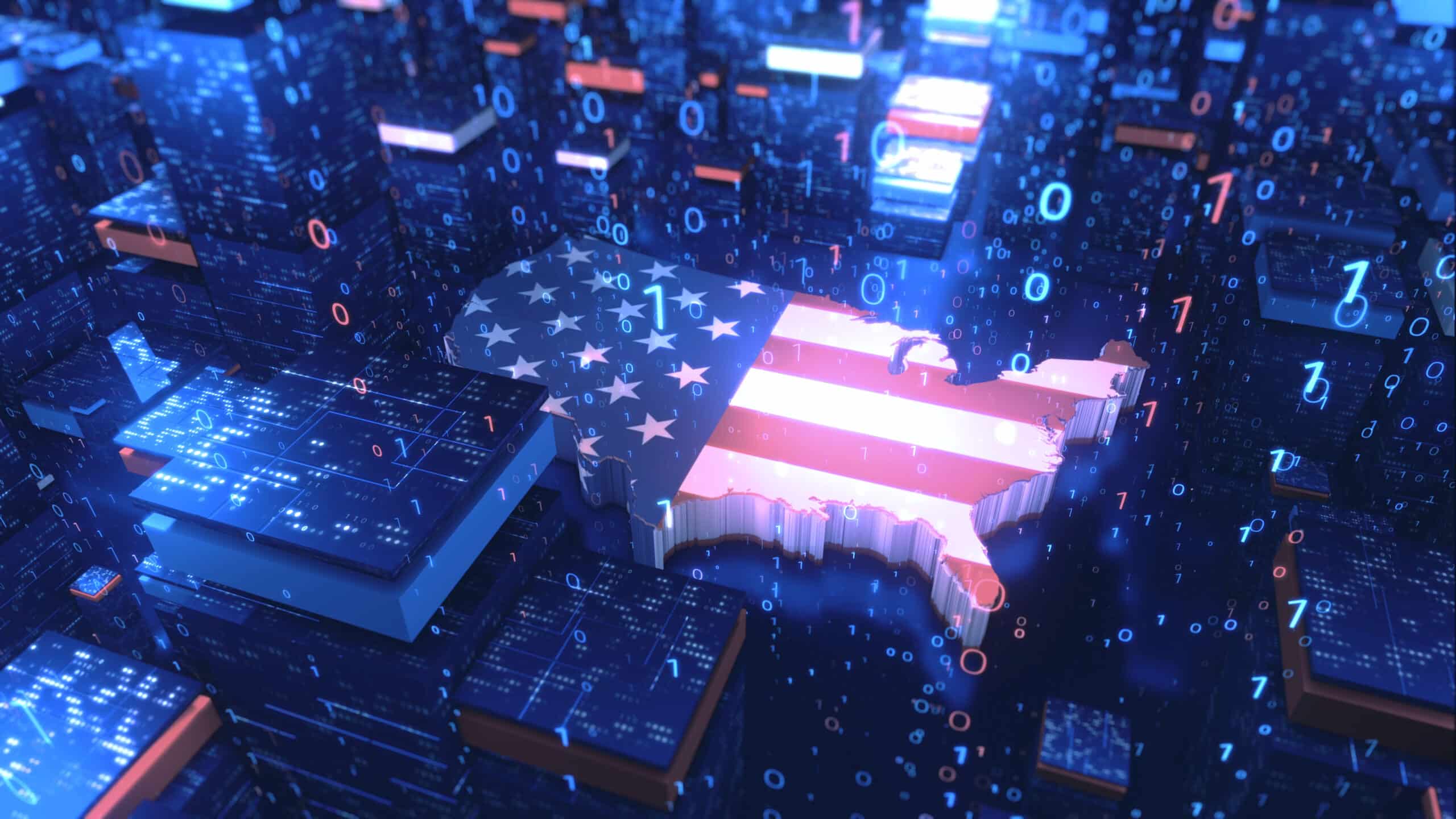 US map with American flag overlay rising from a digital landscape of circuit boards and binary code in blue and red.