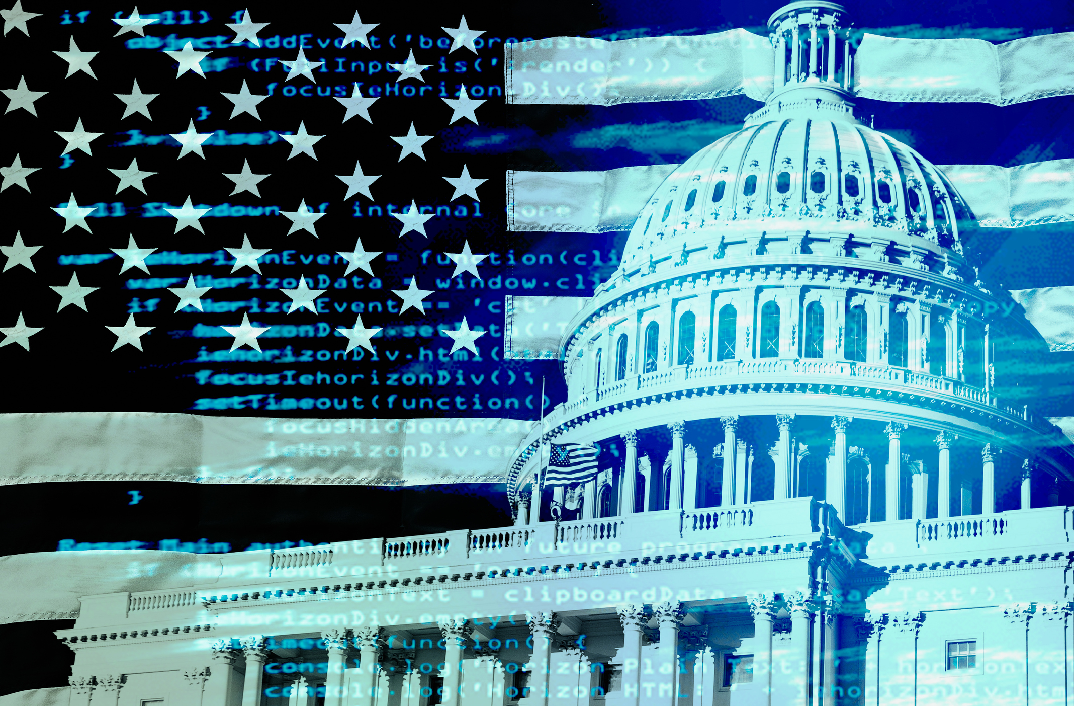 US Capitol building overlaid with American flag and programming code in blue tones, symbolizing AI legislation.