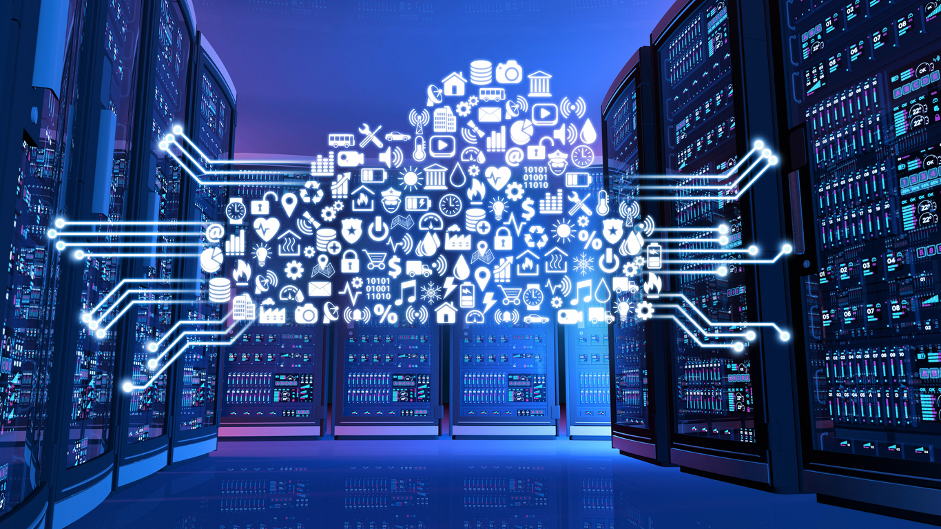 Cloud-shaped cluster of digital icons connected to server racks in a blue-lit data center, representing cloud computing.