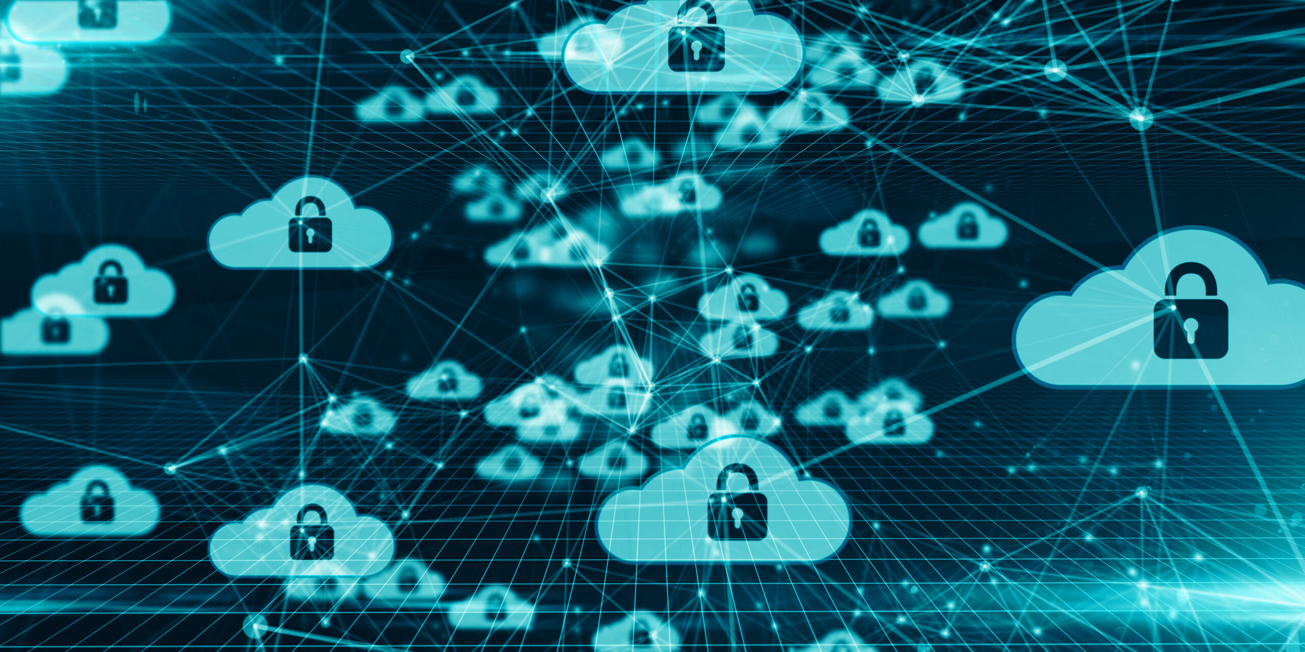 Blue digital cloud icons with padlocks interconnected by network lines, representing cloud computing security and data