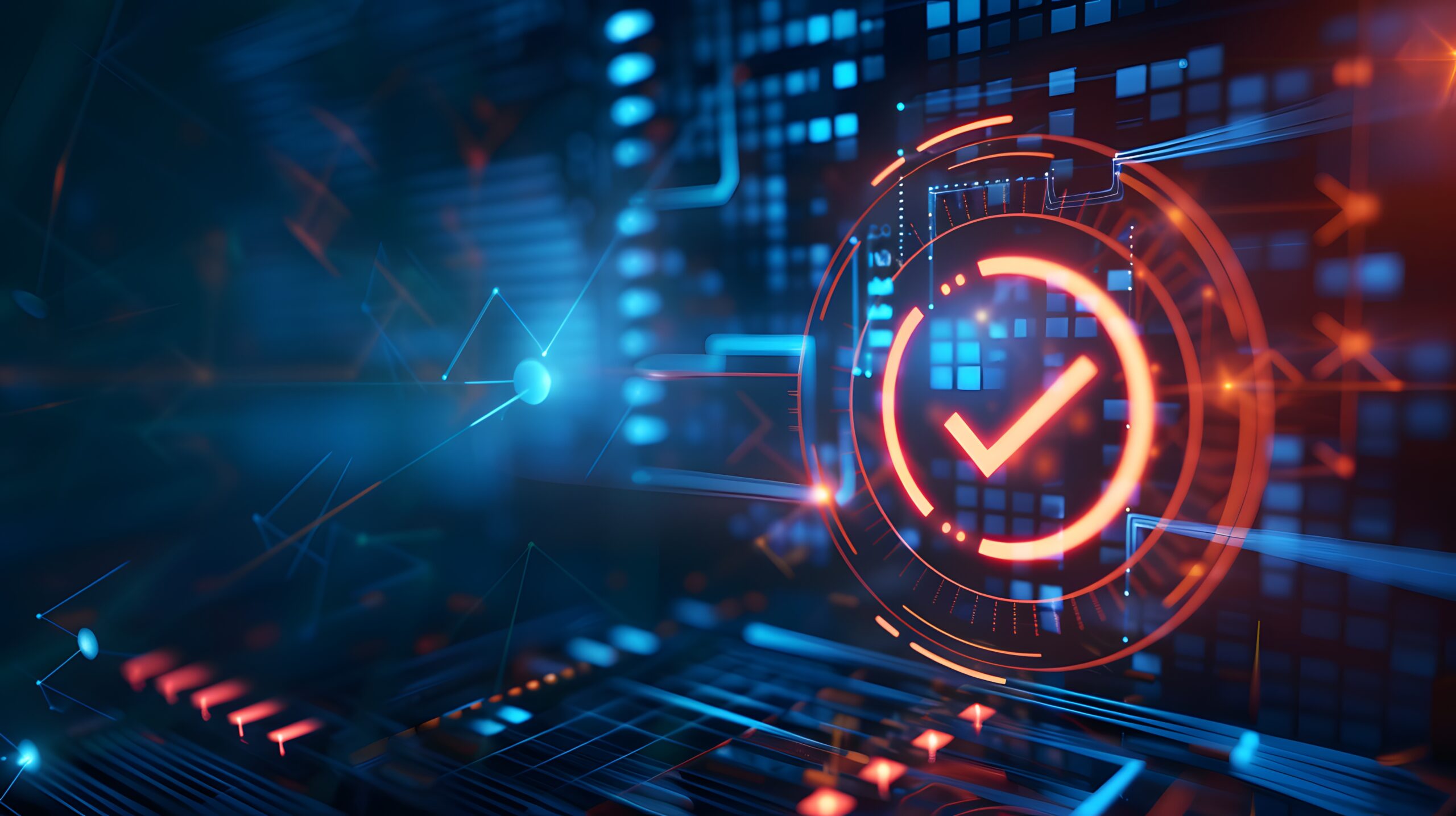 Glowing orange checkmark inside a circular digital interface against a blue futuristic tech background with circuitry.