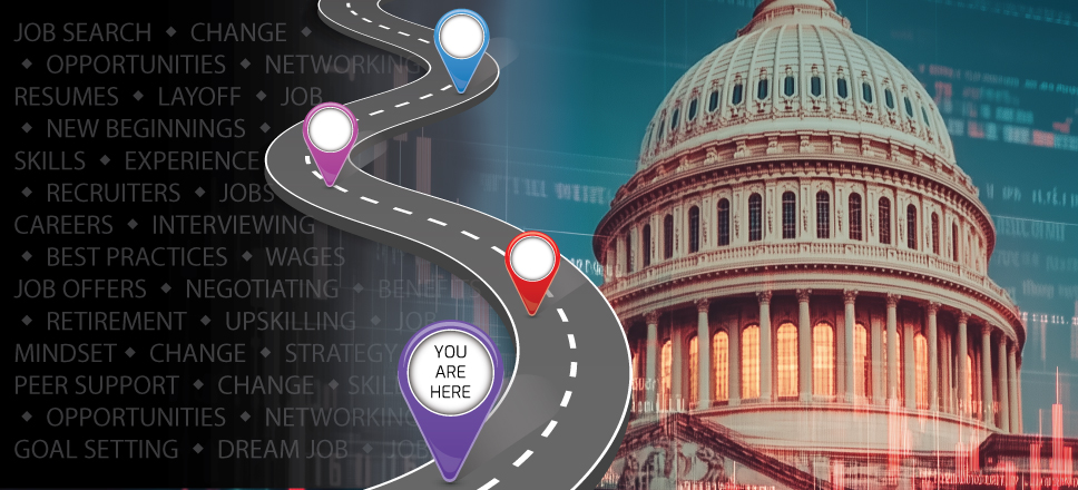 Career journey roadmap with "You Are Here" pin overlaid on the U.S. Capitol dome and job-related keywords.