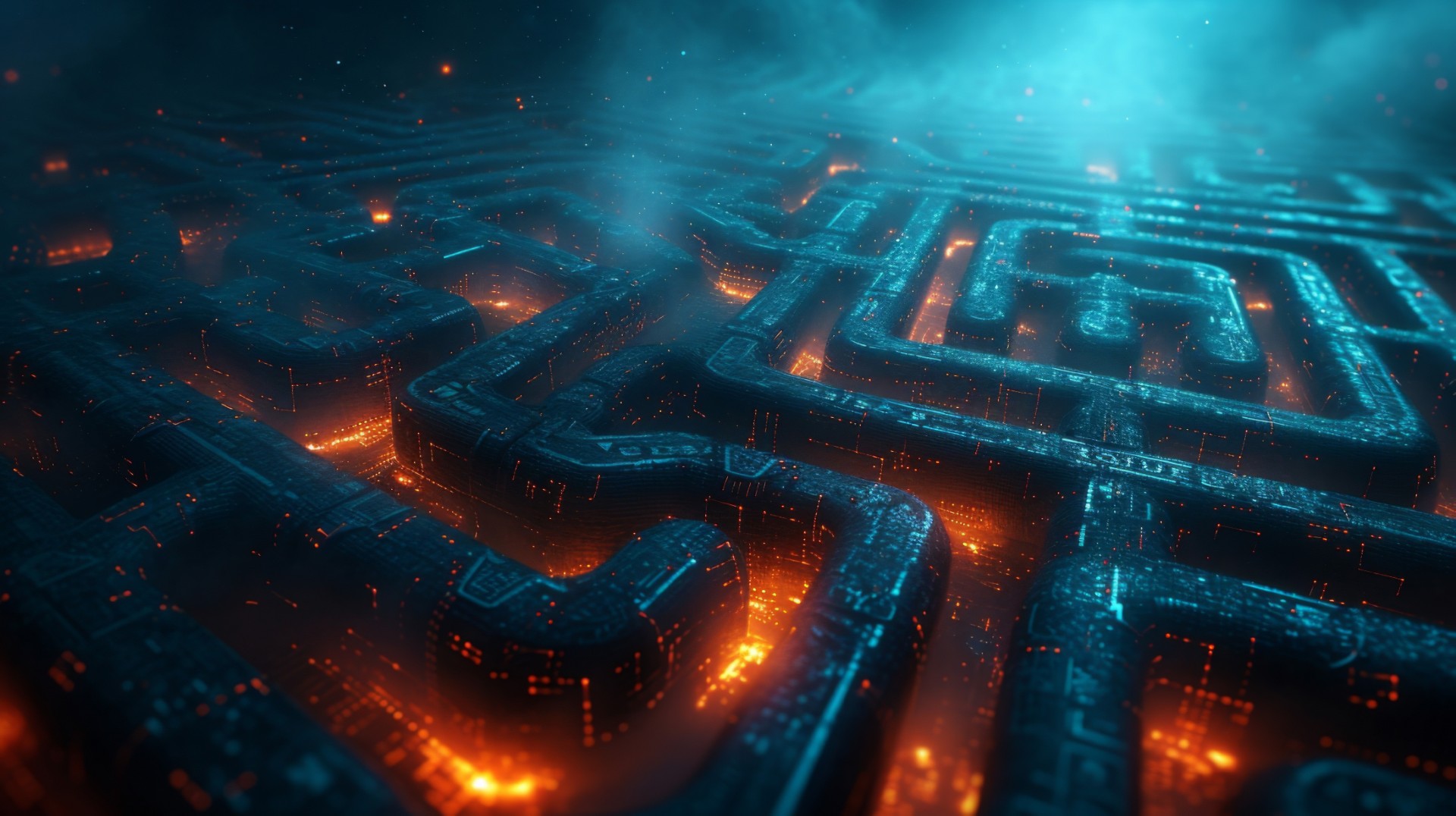 Aerial view of a futuristic circuit-like maze glowing with blue and orange neon lights against a misty dark background.