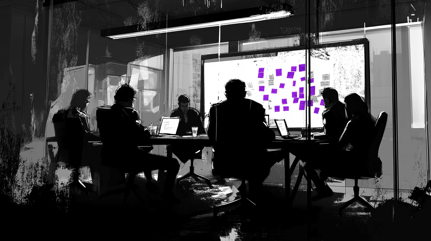 Silhouetted team members collaborate around a conference table facing a screen covered in purple sticky notes.